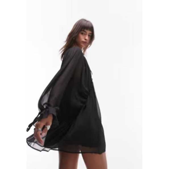 Topshop Women's Long Sleeve Cut Out Tie Neck Ruffle Shirt Minidress In Black 12